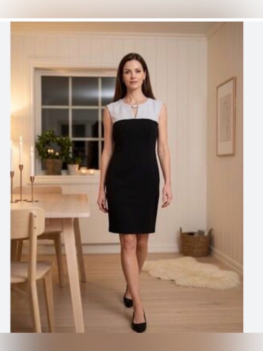 Calvin Klein Cream and Black Colorblock Dress with Gold Accent